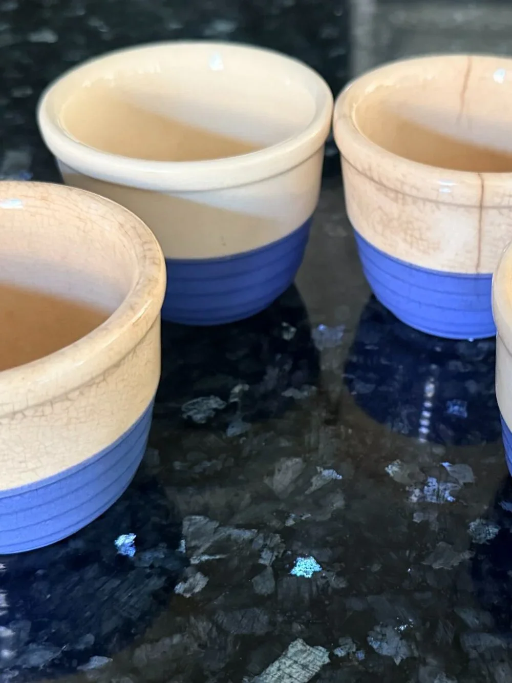 Vintage Blue & Cream Stoneware Ramekins/Custard Cups – Set of 4